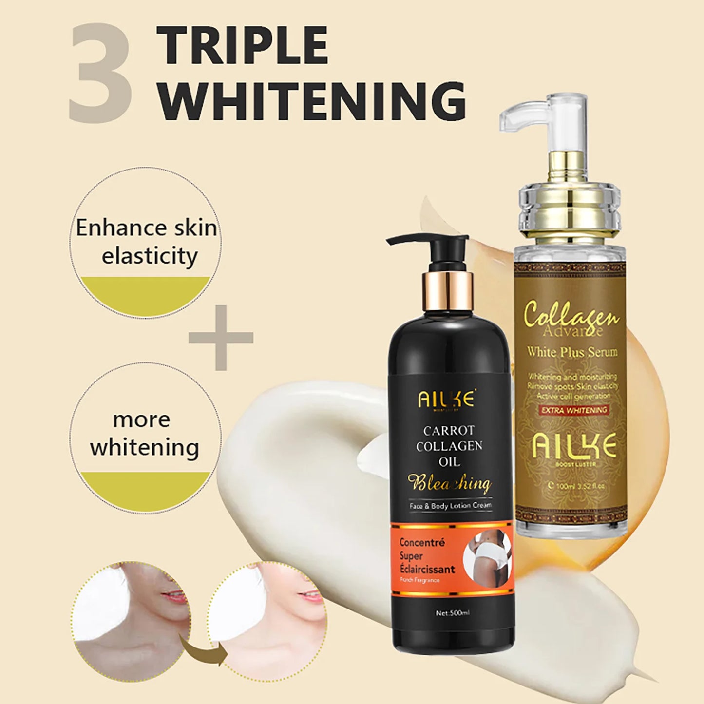 AILKE skin whitening facial serum, reduces blemishes, moisturizes, evens out