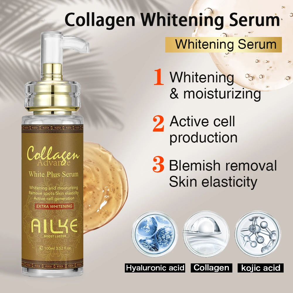 AILKE skin whitening facial serum, reduces blemishes, moisturizes, evens out