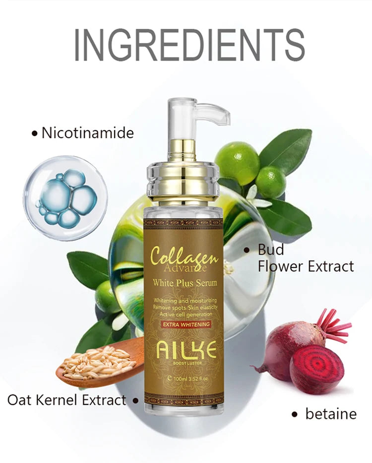 AILKE skin whitening facial serum, reduces blemishes, moisturizes, evens out