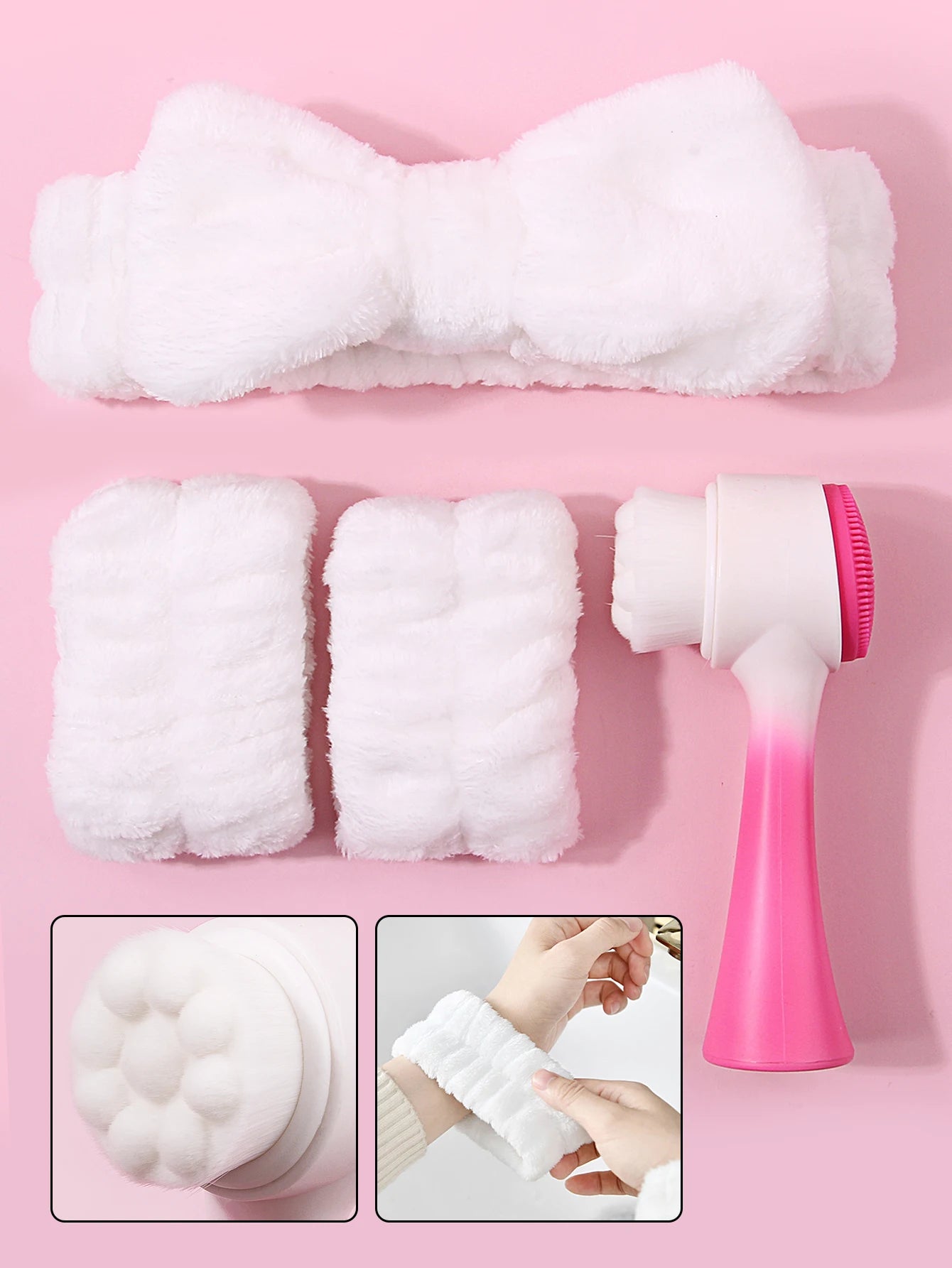 Pink Facial Spa Set – Headband, Wristbands & Face Brush for Skincare Lovers