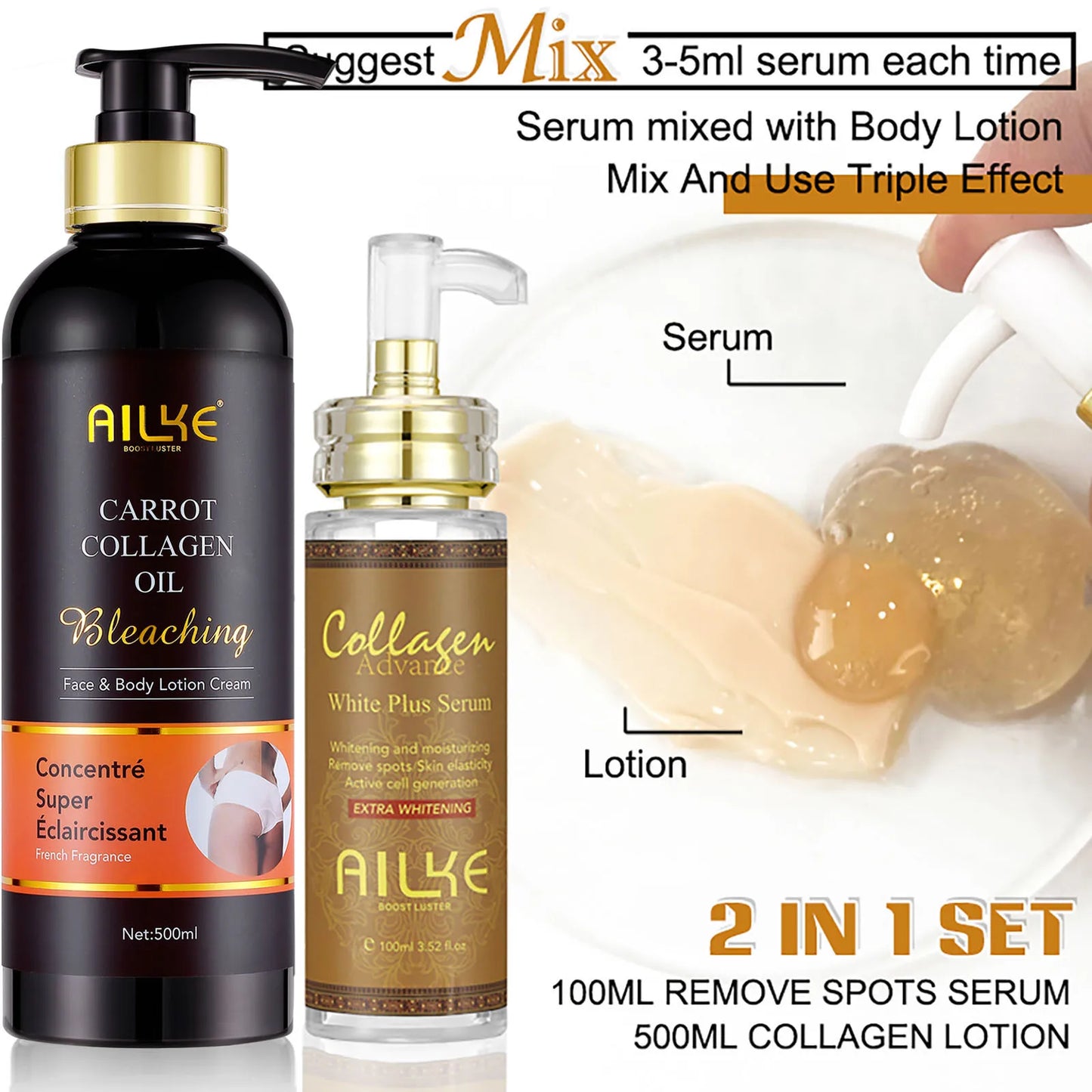 AILKE skin whitening facial serum, reduces blemishes, moisturizes, evens out