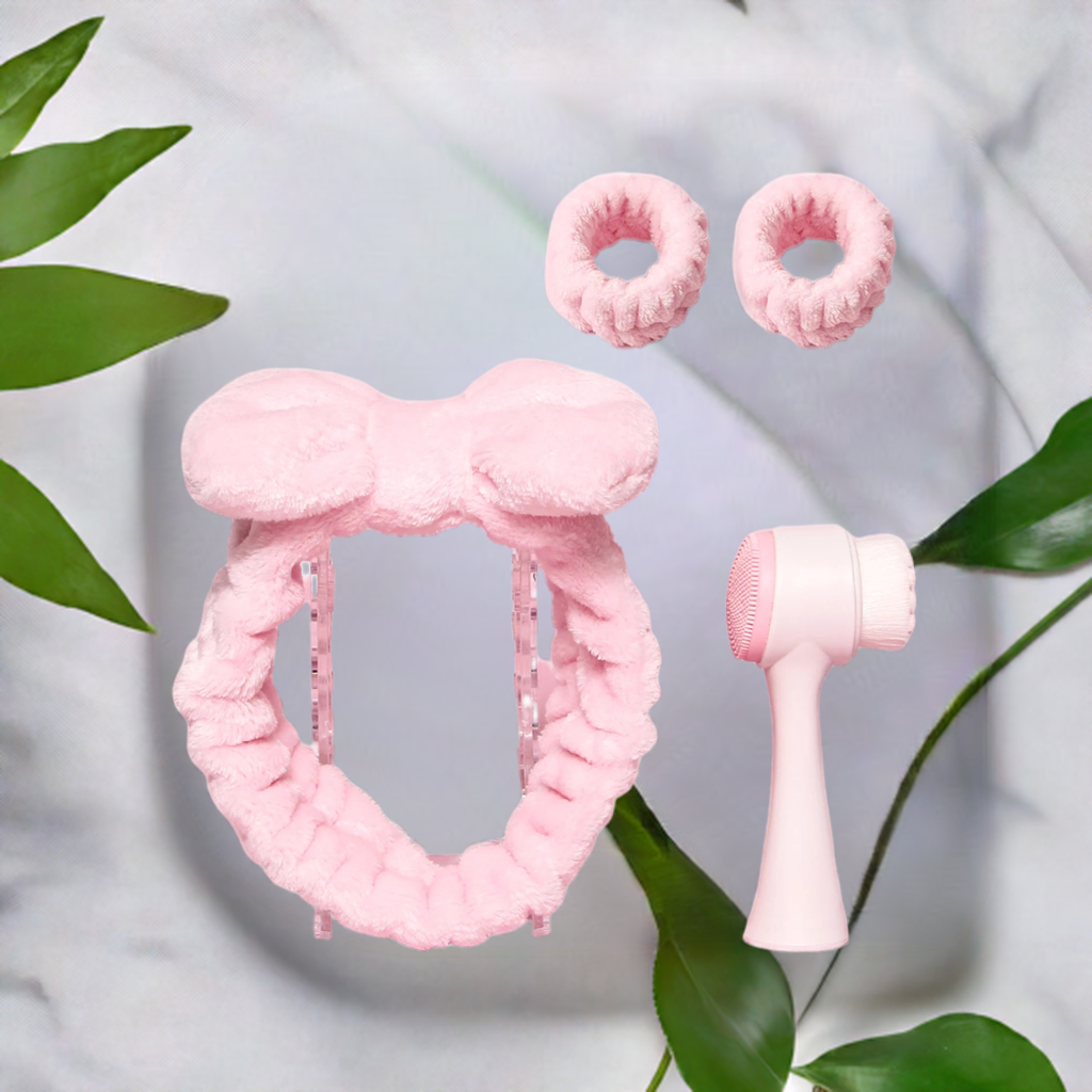 Pink Facial Spa Set – Headband, Wristbands & Face Brush for Skincare Lovers